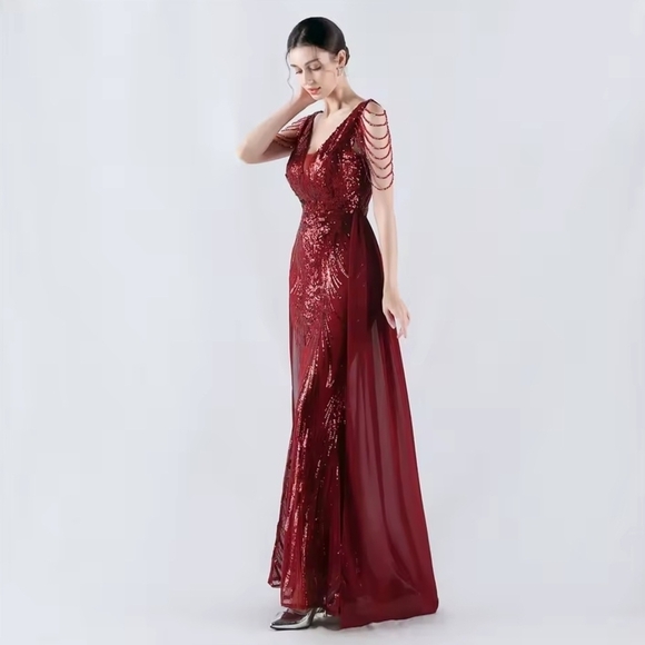 Red Sequin Backless V-Neck Gown - Picture 8 of 10